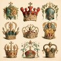 Vintage royal crowns. Set of vector illustrations in retro style Royalty Free Stock Photo