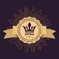 Vintage royal symbol of power and wealth. Golden rays of glory and stars. Curved ribbon for text. Vector images.