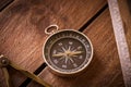 Vintage rule, drawing and navigational Compass on a rustic wooden board Royalty Free Stock Photo