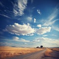 Vintage Rural Landscape with Dirt Road and Blue Sky (AI Generated) Royalty Free Stock Photo