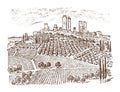 Vintage Rural landscape with houses. solar tuscany background. fields sowed with harvest. engraved hand drawn in old Royalty Free Stock Photo