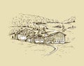 Vintage rural landscape. Sketch hand drawn vector illustration with a village houses on the mountain. Travel concept Royalty Free Stock Photo