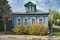 Vintage rural wooden house with ornamental carved windows, frames in Kolomna, Moscow region, Russia