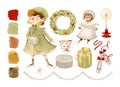 Vintage Russian Christmas girl, wreath, doll, gifts watercolor elements set with palette