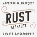 Vintage rust alphabet font. Distressed effect letters and numbers on a bright background.