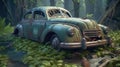 Vintage, rusted and abandoned car depicted in digital art, parked amidst nature Royalty Free Stock Photo