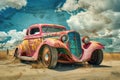 Vintage rusted car abandoned in desert under a blue sky with clouds Royalty Free Stock Photo