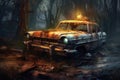 vintage rusted car wreck with broken headlights