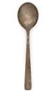 Vintage rusted silverware, old decorated spoon isolated on a white, top view, close up