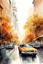 Vintage rustic watercolor car on street drawing