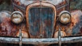 Vintage rusty classic car grille with weathered headlights and detailed textures Royalty Free Stock Photo