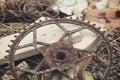 Vintage rusty cog, wood and wine cork Royalty Free Stock Photo