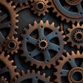 Vintage rusty gears, square steampunk industrial background. Blue and cooper brass cog wheels. Generative AI image