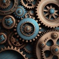 Vintage rusty gears, square steampunk industrial background. Blue and cooper brass cog wheels. Generative AI image Royalty Free Stock Photo