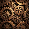 Vintage rusty gears, square steampunk industrial background. Dark gold cooper brass cog wheels. Generative AI image Royalty Free Stock Photo