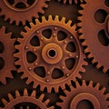 Vintage rusty gears, square steampunk industrial background. Dark gold cooper brass cog wheels. Generative AI image Royalty Free Stock Photo