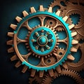 Vintage rusty gears, square steampunk industrial background. Turquoise and cooper brass cog wheels. Generative AI image Royalty Free Stock Photo