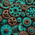 Vintage rusty gears, square steampunk industrial background. Turquoise and cooper brass cog wheels. Generative AI image Royalty Free Stock Photo