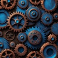 Vintage rusty gears, square steampunk industrial background. Utramarine and cooper brass cog wheels. Generative AI image Royalty Free Stock Photo