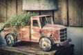 Vintage rusty toy car dump truck with plants, garden decor