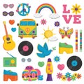 Vintage 1960s hippie style item set Royalty Free Stock Photo