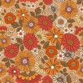 Vintage 60s,70s retro hand drawn colorful groovy flower seamless pattern
