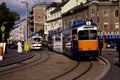 Vintage 1980's street scene Trolley in Linz, Austria.