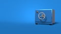 Vintage safe toy cartoon style. Stylish minimal abstract horizontal scene, place for text. Trendy classic blue color. 3D rendering