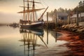 vintage sailboat anchored in a peaceful harbor