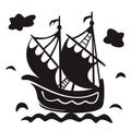 Vintage sailboat floating on waves, black and white vector illustration with ship in sea. Royalty Free Stock Photo