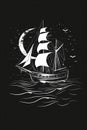 Vintage sailboat navigating waves under crescent moon poster print Royalty Free Stock Photo