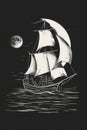 Vintage sailboat navigating waves under crescent moon poster print Royalty Free Stock Photo