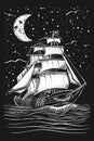 Vintage sailboat navigating waves under crescent moon poster print Royalty Free Stock Photo