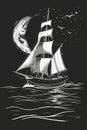 Vintage sailboat navigating waves under crescent moon poster print Royalty Free Stock Photo