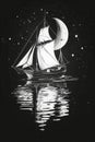 Vintage sailboat navigating waves under crescent moon poster print Royalty Free Stock Photo