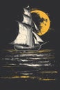 Vintage sailboat navigating waves under crescent moon poster print Royalty Free Stock Photo