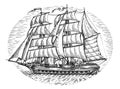 Vintage sailboat at sea sketch. Old ship with sails illustration in engraving style