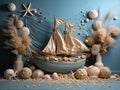 Vintage sailboat, seashells and starfish on blue background.