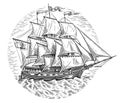 Vintage sailboat sketch in engraving style. Ship with sails at sea illustration