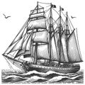 Vintage Sailing Ship on High Seas engraving raster