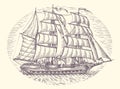 Vintage sailing ship in the sea in engraving style. Old sailboat with sails. Hand drawn sketch vector illustration