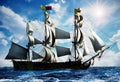Vintage sailing ship at the sea under clear sky. 3D illustration Royalty Free Stock Photo