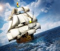 Vintage sailing ship at the sea under clear sky. 3D illustration Royalty Free Stock Photo