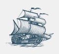 Vintage Sailing Ship. Seafaring, Sailer Concept. Sketch Vector Illustration