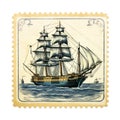 Vintage Sailing Ship Stamp Illustration In Dark Yellow And Light Blue Royalty Free Stock Photo