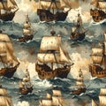 Vintage Sailing Ships on Rough Seas Seamless Pattern Royalty Free Stock Photo