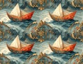 Vintage Sailing Ships on a Textured Ocean with Ornate Borders Royalty Free Stock Photo