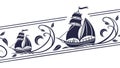 Vintage Sailing Ships and Waves Border, Nautical Decorative Design, vector design Generative AI Royalty Free Stock Photo