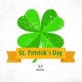 Vintage St Patricks green clover leaves with ribbon. Vector illustration.