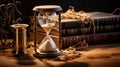 Vintage sand hourglass and old paper books stack generative AI